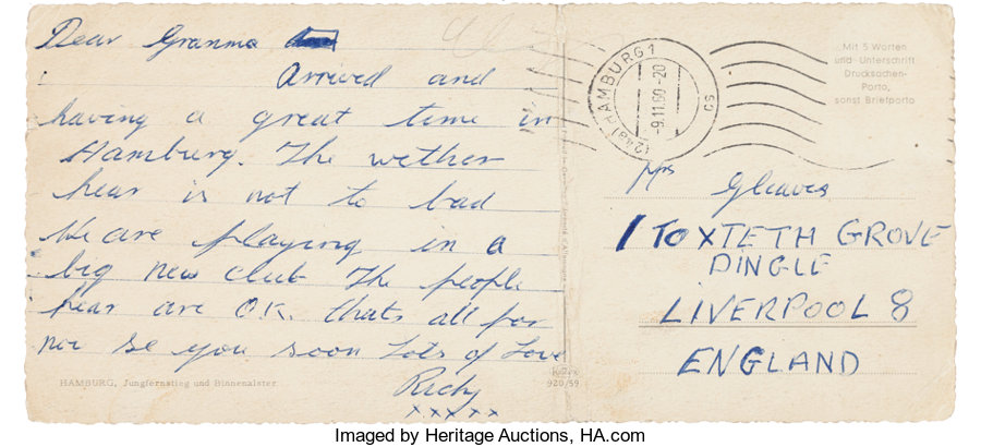 Music Memorabilia:Autographs and Signed Items, Beatles - Ringo Starr Handwritten Postcard to His Grandmother fromHamburg, Signed "Richy" (Hamburg, November 9, 1...