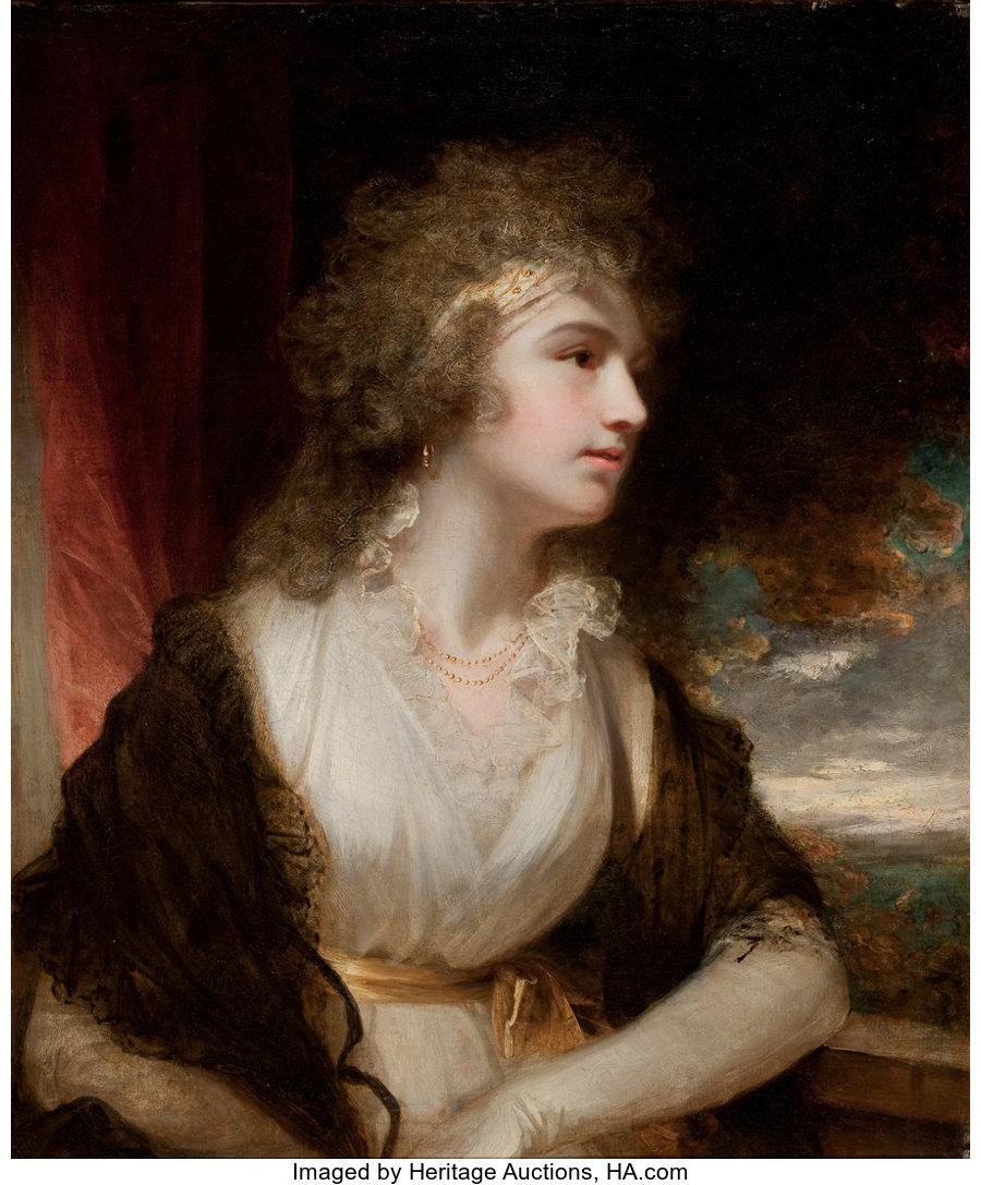 Fine Art - Painting, European:Antique  (Pre 1900), JOHN HOPPNER (British, 1758-1810). Portrait of a Lady atHalf-Length in a light dress with a lace collar resting her armo... Image #1